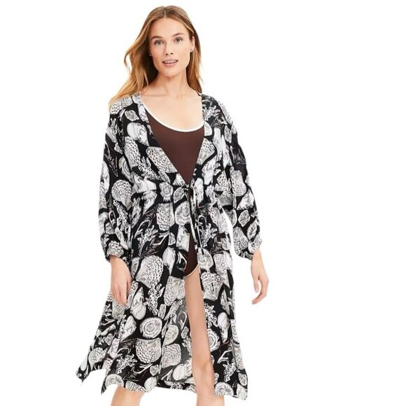Loft Seashell Print Wrap Kimono Midi Women's Tie Front White Black Size M/L EUC - Picture 1 of 14